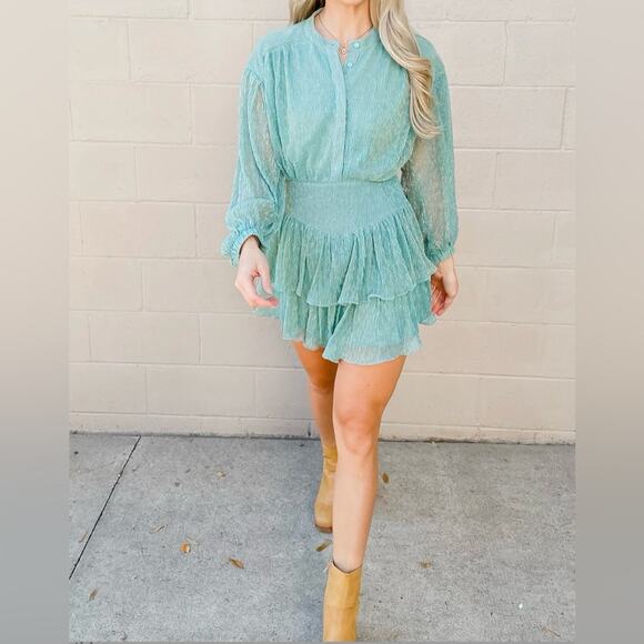 OLIVACEOUS Turquoise Metallic Long Sleeve Dress Women Size Small - Picture 2 of 6